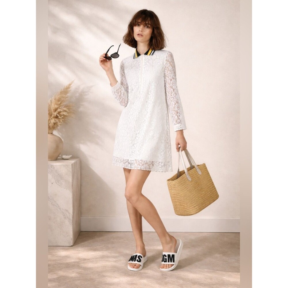 MSGM Lace Dress White Size 44 10 Long Sleeve Boho Cotton Italy